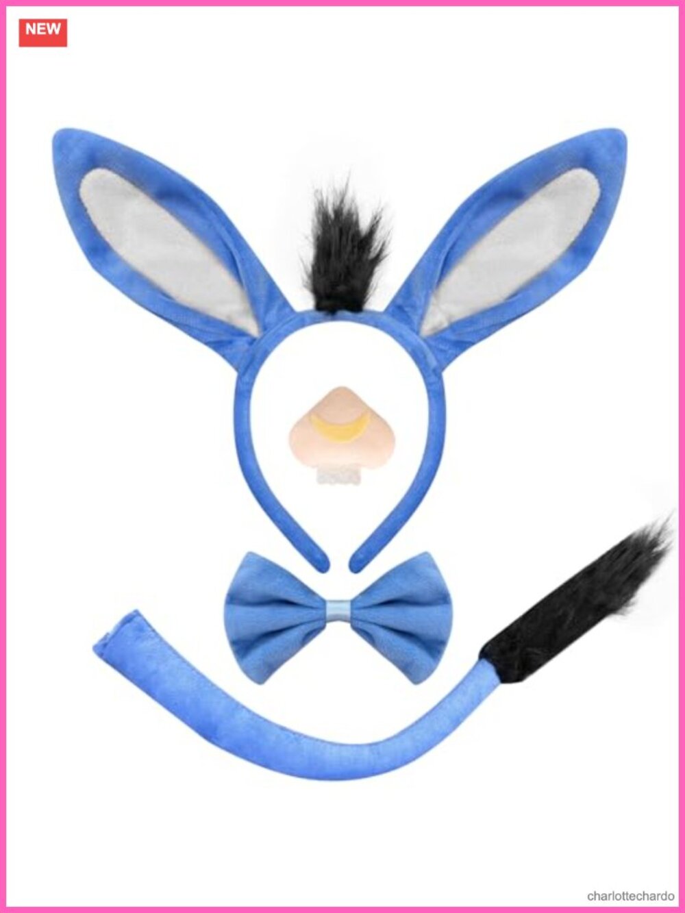 Donkey Costume Set Plush Ears Headband Nose Bow Tail Halloween Cosplay